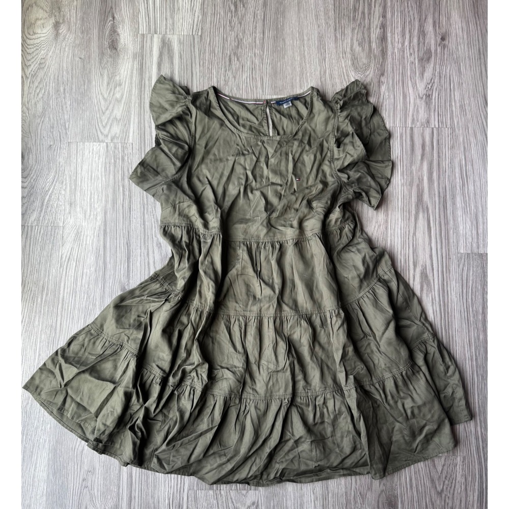 Tommy Hilfiger Olive Green Tiered Ruffle Sleeve Mini Dress Womens Size L